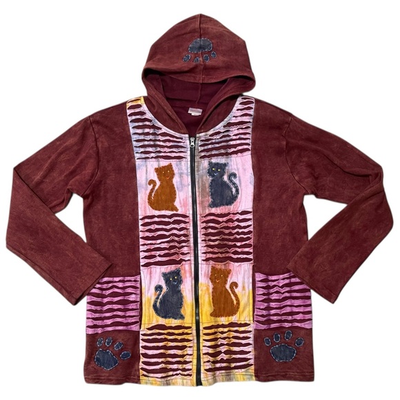 Greater Good Network Cat Hoodie XXL Patchwork Boho Zip Jacket Nepal Kitties - Picture 2 of 9